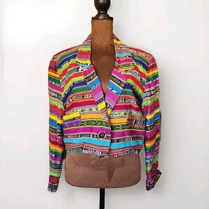 GRÄU Claudia Gräu Vintage Multicolored African Striped Pattern Crop Blazer Women